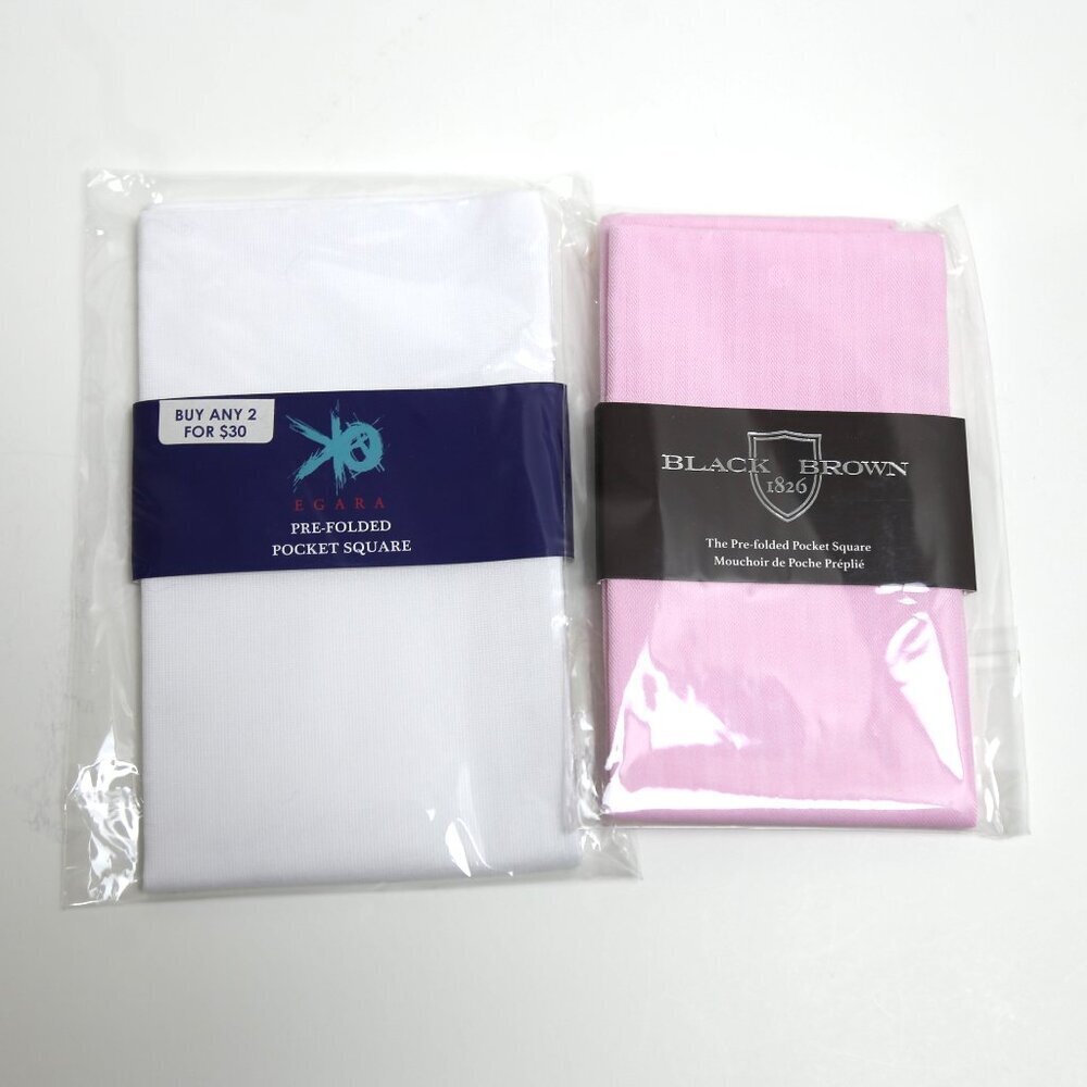 4-Pack Egara White Pocket Square & Black Brown Pink Pocket Square Pre-Folded